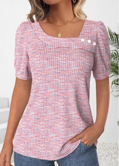 Modlily Pink Button Short Sleeve Asymmetrical Neck T Shirt - XL