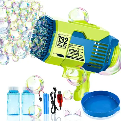 Summer Bubble Machine Toy, 132-Hole Bubble Maker with 100ml Bubble Solution & Lithium Battery & Charging Cable, Rocket Bubble...