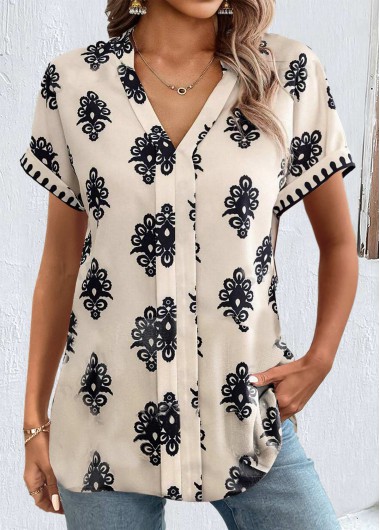 Modlily Light Camel Patchwork Tribal Print Short Sleeve Blouse - S