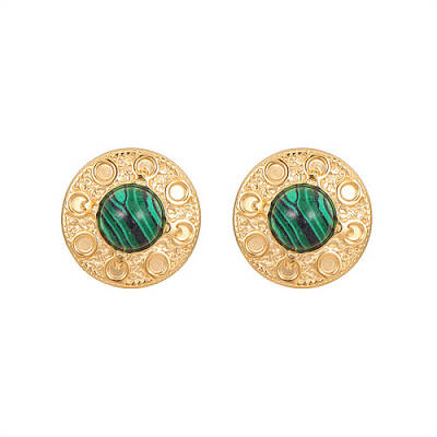 Synthetic Malachite Flat Round Stud Earrings