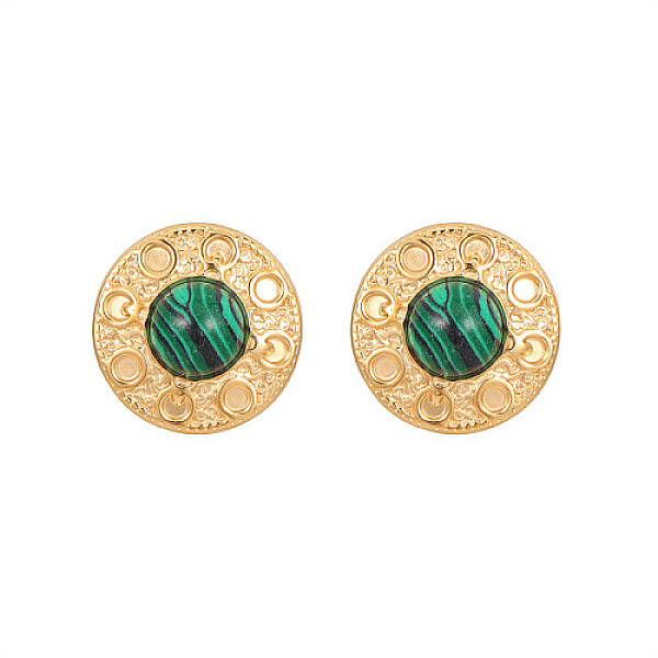 Synthetic Malachite Flat Round Stud Earrings