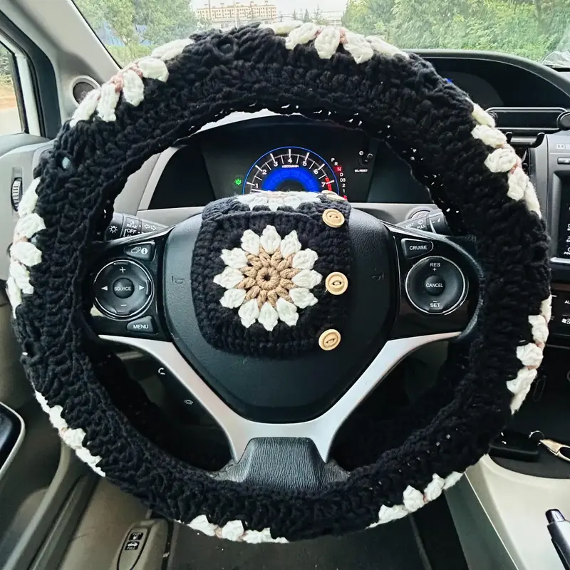 1 Set Daisy Pattern Car Steering Wheel Cover, Universal Breathable Crochet Steering Wheel Cover, Car Interior Accessories