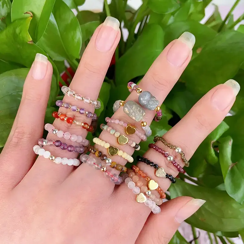 Crystal Mini Beads Rings Carnelian Amethyst Rose Quartz Moonstone Agate Men Women's Anniversary