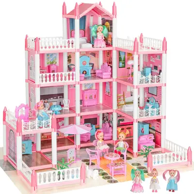 Play House Set with Light & Furniture, 1 Set  4-floor Self Assemble Princess Role Play Pretend Play Toy, DIY Mini Playhous...