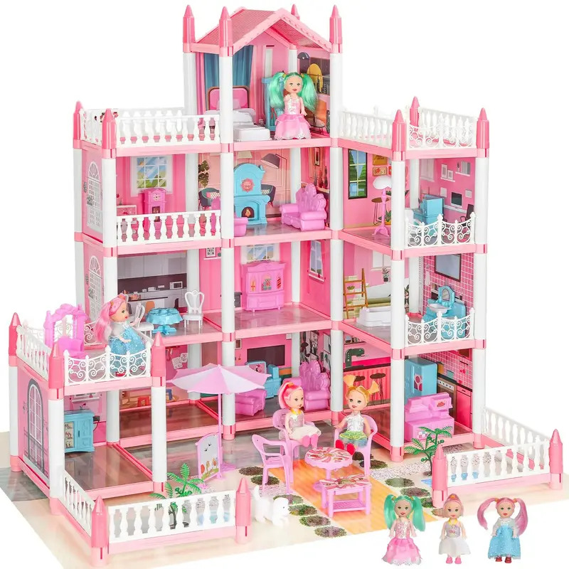 Play House Set with Light & Furniture, 1 Set  4-floor Self Assemble Princess Role Play Pretend Play Toy, DIY Mini Playhous...