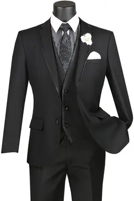 Vinci Men's Wool Feel Slim Fit 3 Piece Suit with Lapel Accent