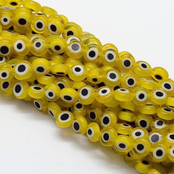 Handmade Evil Eye Lampwork Flat Round Bead Strands