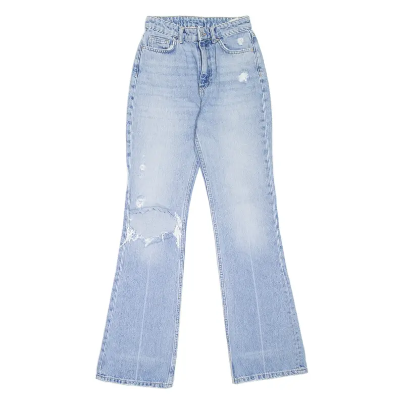 BERSHKA Distressed Womens Jeans Blue Regular Flared Stone Wash W24 L31
