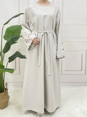 Arabic Clothing-Heart Embroidery Flounce Sleeve Abaya with Waist Belt Design, Casual Long Sleeve Zipper Back Round Neck Long ...