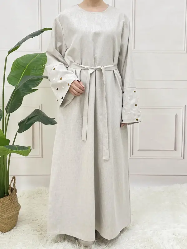 Arabic Clothing-Heart Embroidery Flounce Sleeve Abaya with Waist Belt Design, Casual Long Sleeve Zipper Back Round Neck Long ...