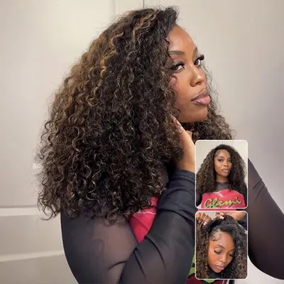 Balayage Highlight Ombre Brown Water Wave 3 In 1 Half Wig Drawstring