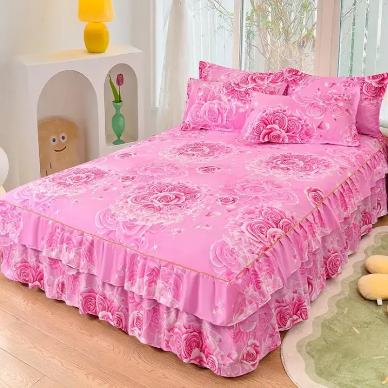 Floral Print Ruffled Edge Bed Skirt Set, 2/3 Counts Soft Comfortable Breathable Bedding Set, Including Bed Skirt & Pillowcase...