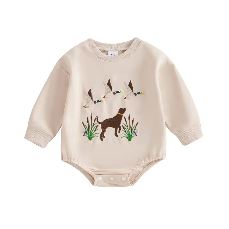 Newborn Baby Boy Girl Duck Hunting Clothes Embroidery Bubble Romper Long Sleeve Bodysuit Oversized Sweatshirt Fall Outfit