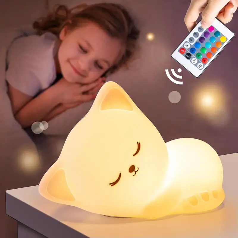 Cute Cat Design Night Light, Rechargeable Color Changing Night Light with Remote Control, Dimmable Night Light for Kids, Beds...