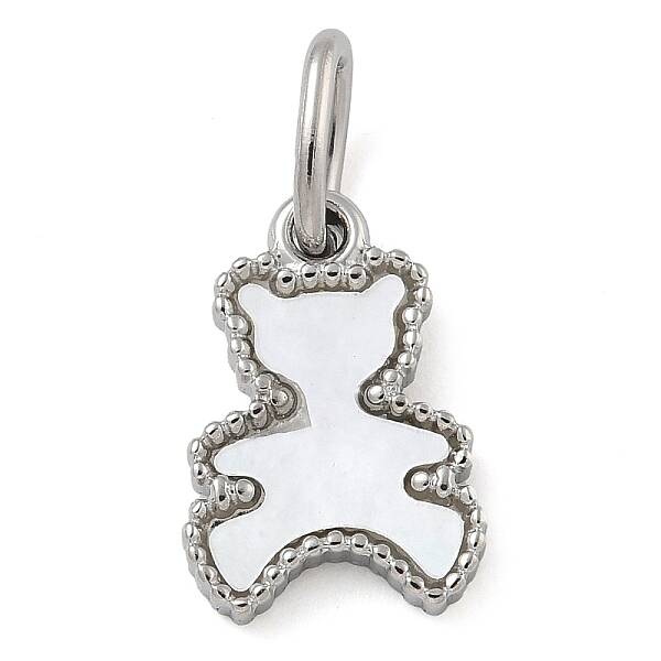 304 Stainless Steel Pave Natural White Shell Bear Charms with Jump Ring