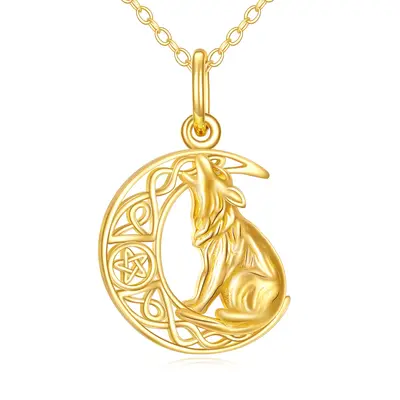 14K Gold Wolf & Celtic Knot & Moon Pendant Necklace