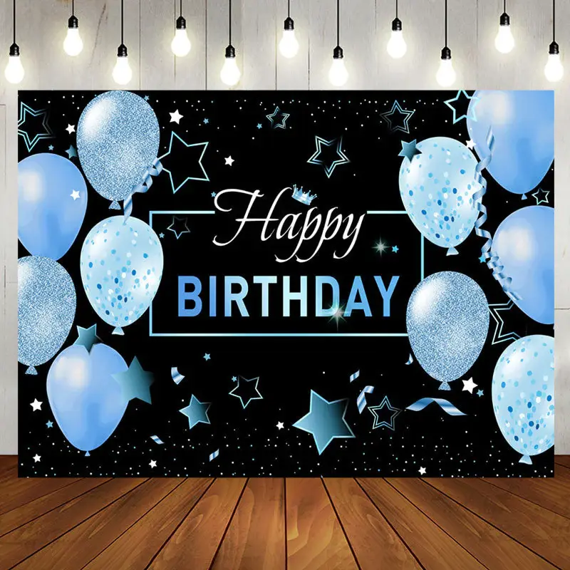 Black Blue Balloons Stars Happy Birthday Backdrop - Aperturee