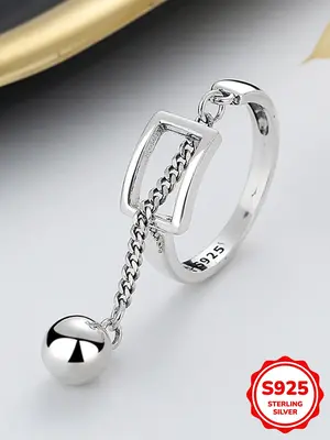 S925 Sterling Silver Creative Hollow Geometric Splicing Tassel Ball Chain Ring, Fashion Jewelry Accessories for Women, Trendy...