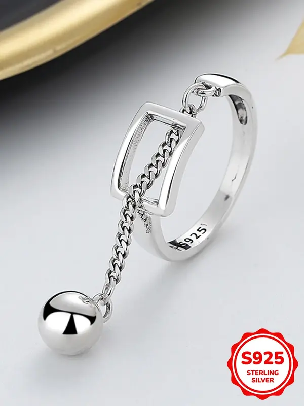 S925 Sterling Silver Creative Hollow Geometric Splicing Tassel Ball Chain Ring, Fashion Jewelry Accessories for Women, Trendy...