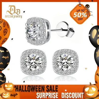 Delzzad Halo Square Lab-Created Moissanite Stud Earring S925 Sterling Silver Moissanite Jewelry Perfect Birthday Mother’s D...