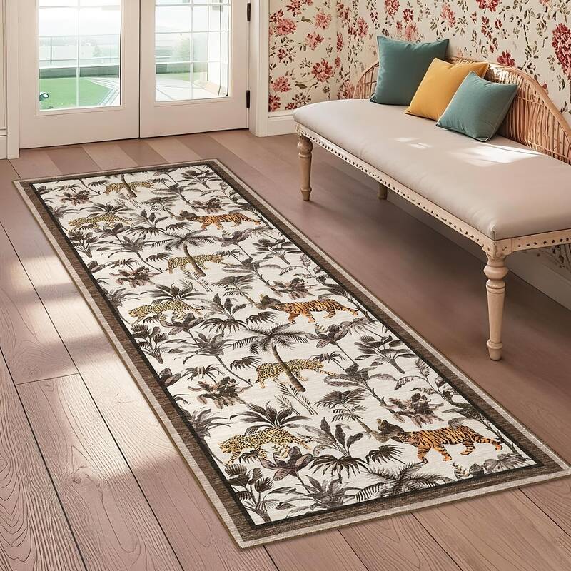 Garvee Taupe Tiger 2x6 Rug Washable Runner Tropical Jungle Plant Non-Slip Low Pile Stain Resistant Taupe Hallway Kitchen Ent...