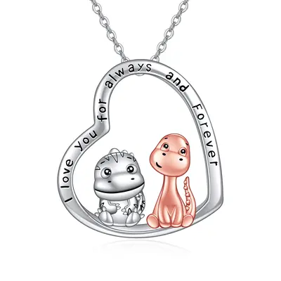 Sterling Silver Two-tone Dinosaur Mom & Baby Heart Pendant Necklace with Engraved Word
