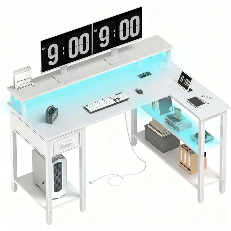 Lufeiya White L Shaped Gaming Desk with Fabric Drawers and Storage Shelves, 47 inch Home Office Desk with Monitor Stand, Comp...