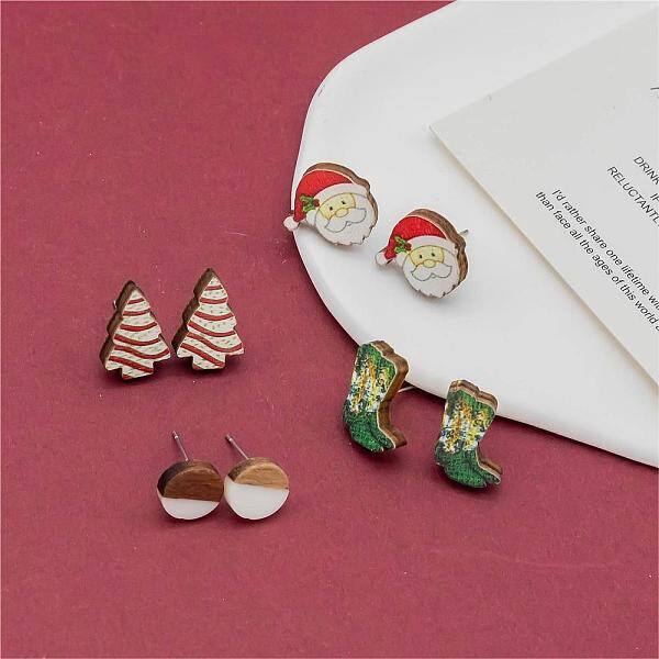 4 Pairs Santa Claus & Boot & Christmas Tree Printed Wood Stud Earrings