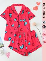 Two-piece Set Women's Heart Print Short Sleeve Tee & Shorts Pyjama, Casual Comfy Lapel Neck T-shirt & Shorts Pj Set, Ladies P...