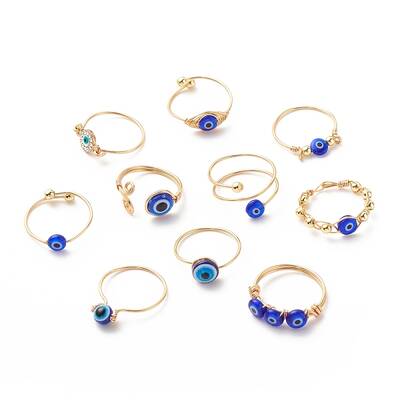 10Pcs 10 Style Resin & Lampwork Evil Eye Beaded Finger Rings