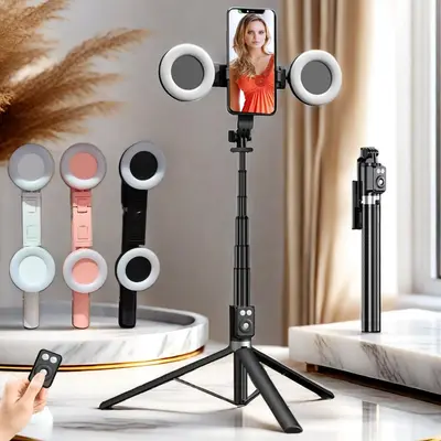 67 Inch Multifunctional Selfie Stick, Battery Powered Retractable Phone Tripod with Dual Beauty Fill Lights, Selfie Stick wi...