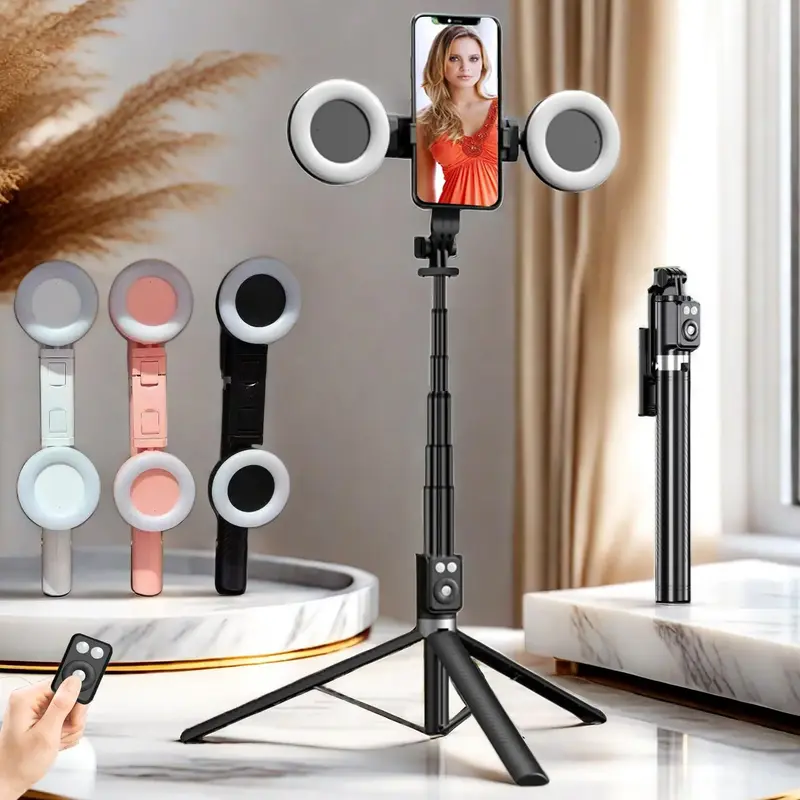 67 Inch Multifunctional Selfie Stick, Battery Powered Retractable Phone Tripod with Dual Beauty Fill Lights, Selfie Stick wi...