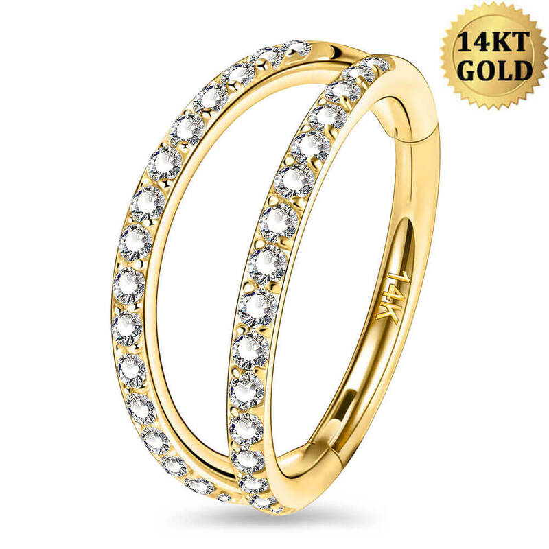 18G 14K Gold Double Row CZ Segment Nose Hoop - 8mm