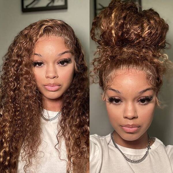 360 Lace Brown Highlight Water Wave Invisi Draw String Wear Go Wig