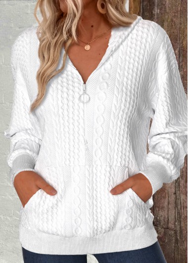 Modlily White Zipper Long Sleeve V Neck Hoodie - XL