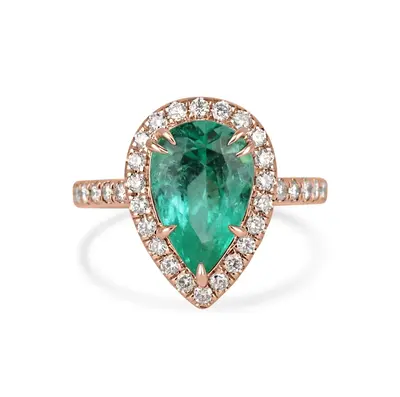 10K Rose Gold 3.5 CT.T.W. Pear Cut Emerald & Natural Diamond Halo Shank Engagement Band H-J Color VS1-VS2 Clarity