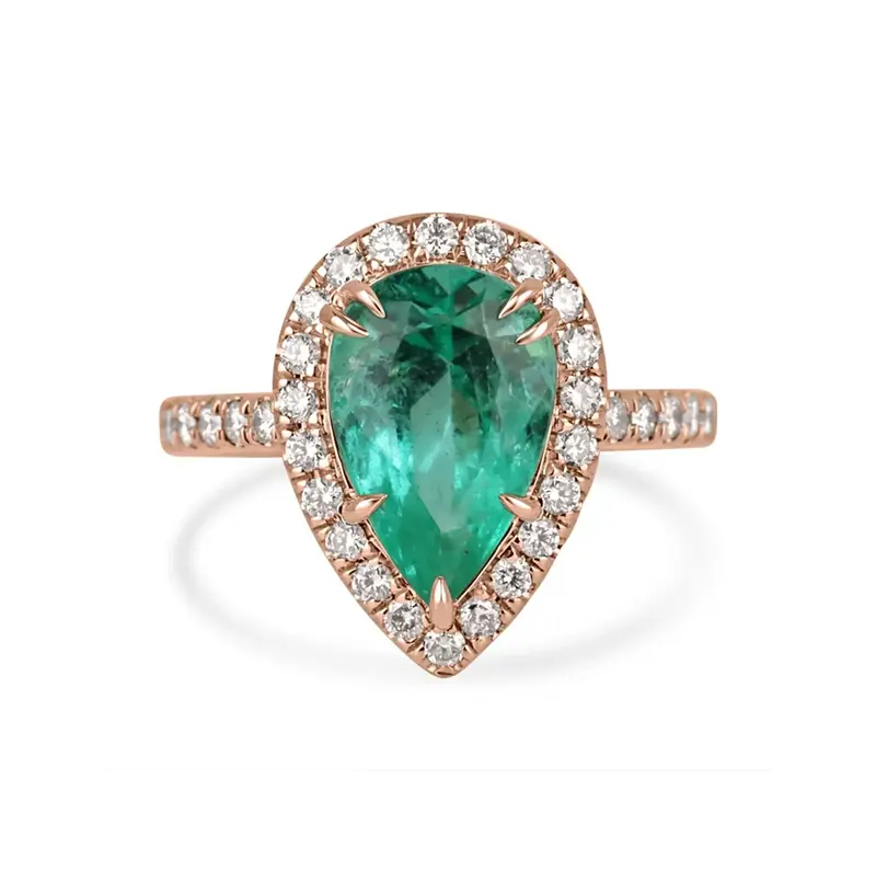 10K Rose Gold 3.5 CT.T.W. Pear Cut Emerald & Natural Diamond Halo Shank Engagement Band H-J Color VS1-VS2 Clarity