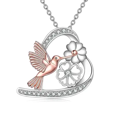 Sterling Silver Two-tone Round Cubic Zirconia Hummingbird & Heart Pendant Necklace