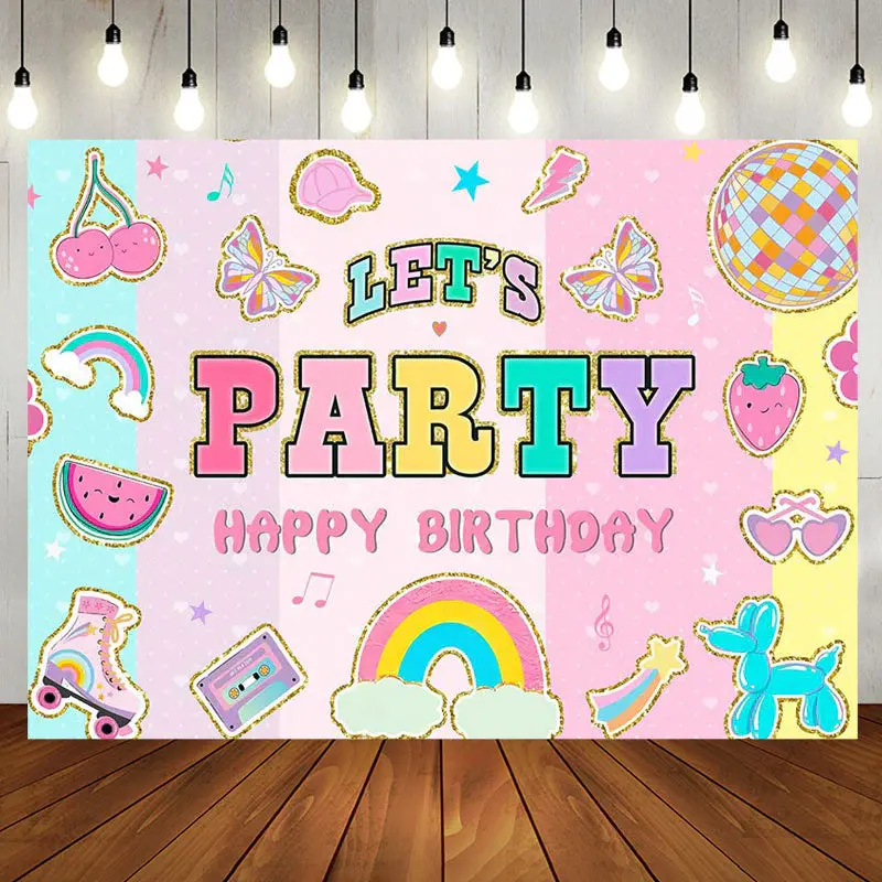 Lets Party Stripe Happy Birthday Backdrop For Girl - Aperturee