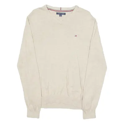 TOMMY HILFIGER Mens Jumper Beige V-Neck Tight Knit M