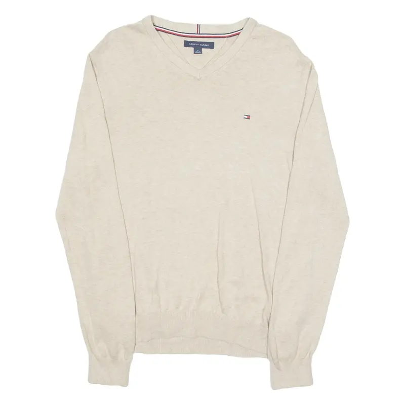 TOMMY HILFIGER Mens Jumper Beige V-Neck Tight Knit M