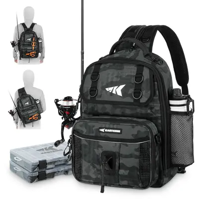 KastKing BaitSpace Fishing Sling Bag, Water-resistant Fishing Backpack with Rod & Beverage Holder, Adjustable Straps, Tackle ...