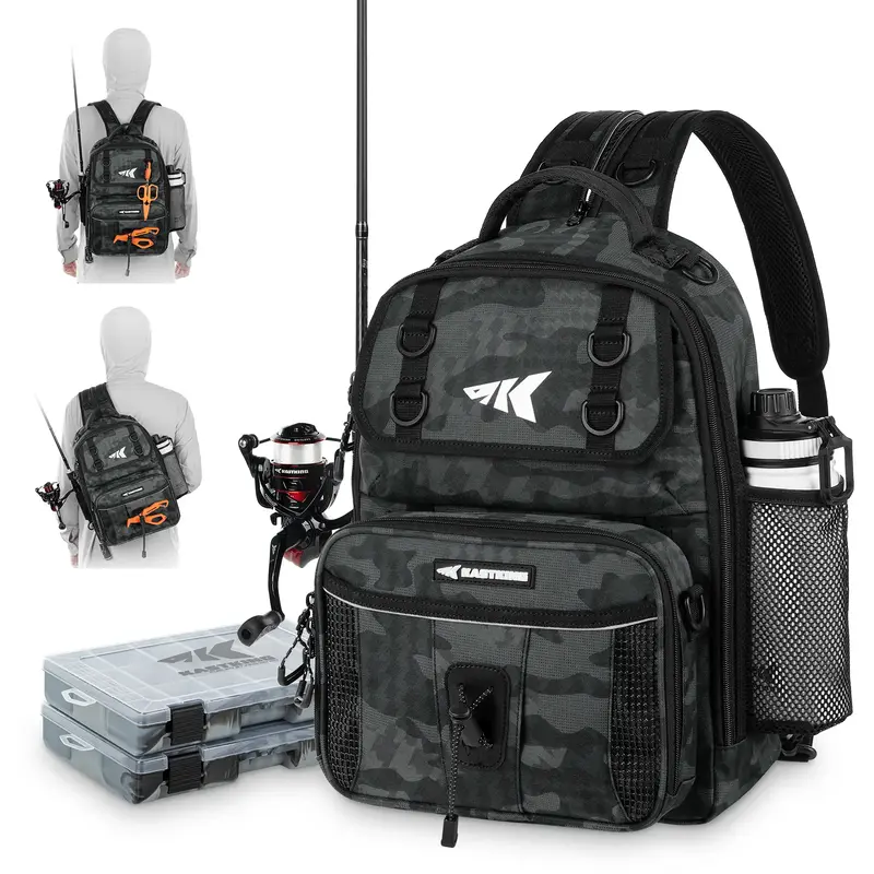 KastKing BaitSpace Fishing Sling Bag, Water-resistant Fishing Backpack with Rod & Beverage Holder, Adjustable Straps, Tackle ...
