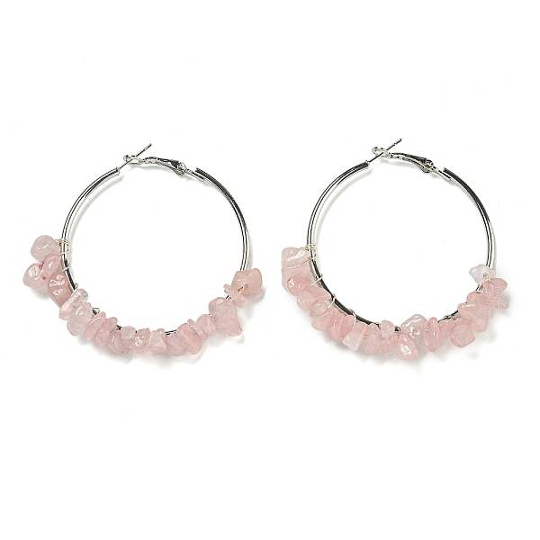Alloy with Copper Wire Natural Rose Quartz Hoop Earrings