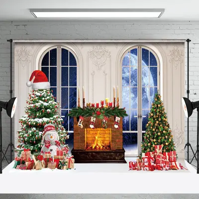 Aperturee Festive Christmas Moon Night Window Scene Backdrop