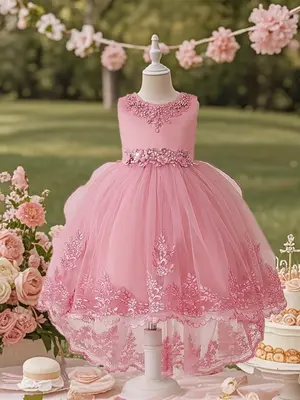 Flower Embroidery Design Princess Dress, Elegant Chiffon Round Neck Sleeveless Dress for Party Wedding Guest, Kids Clothes fo...