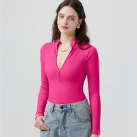 OYV Women's 1 Piece Bodysuits Sexy Ribbed Zip Front Long Sleeve  Bodysuits