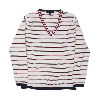 TOMMY HILFIGER Jumper White Striped Tight Knit V-Neck Mens L