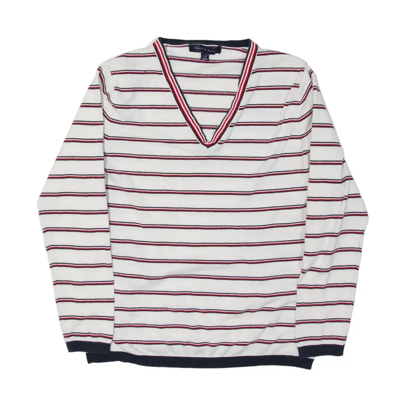 TOMMY HILFIGER Jumper White Striped Tight Knit V-Neck Mens L