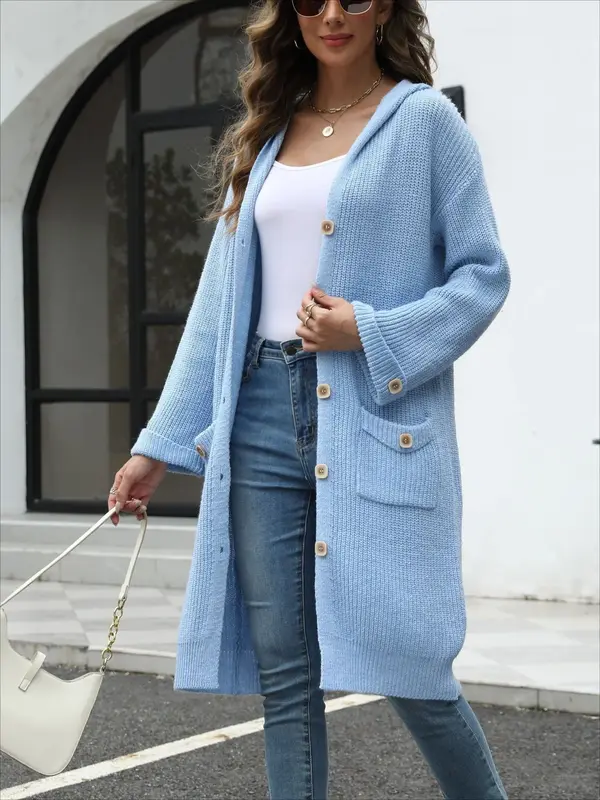 V-Neck LooseWomen's Hooded Button Down Cardigan 2025 Fall Long Sleeve Knit Sweater, Casual Chunky Open Front Oversized Outerw...